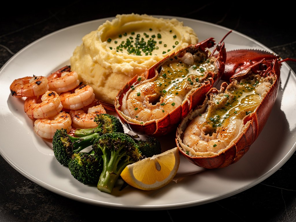 Garlic Herb Butter Shrimp and Lobster Tails with Lemony Broccoli and Chive Crème Fraîche Mashed Potatoes