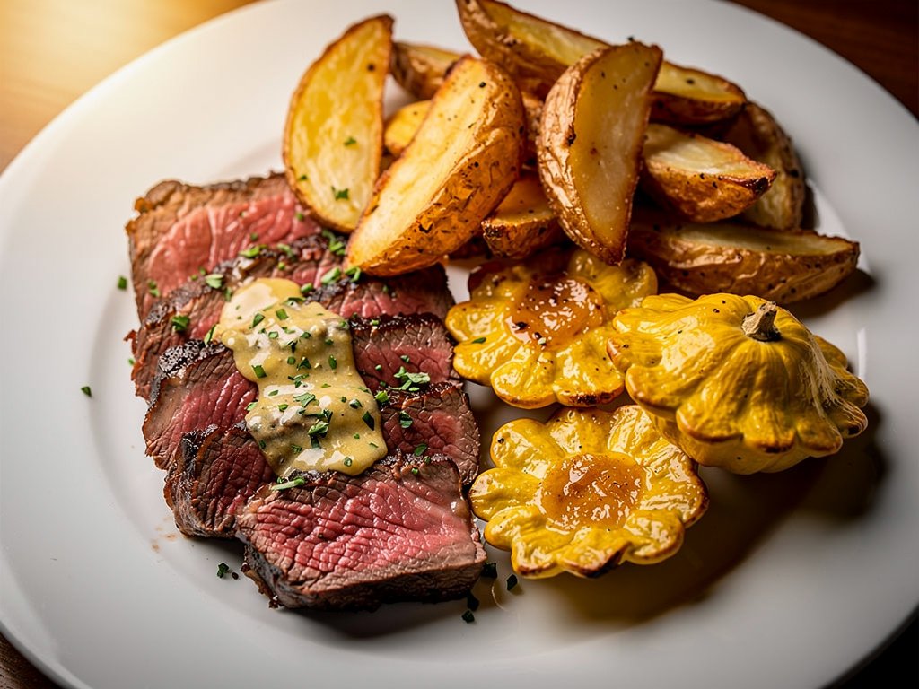 Garlic Herb Butter Steak with Potato Wedges and Honey-Glazed Pattypan Squash