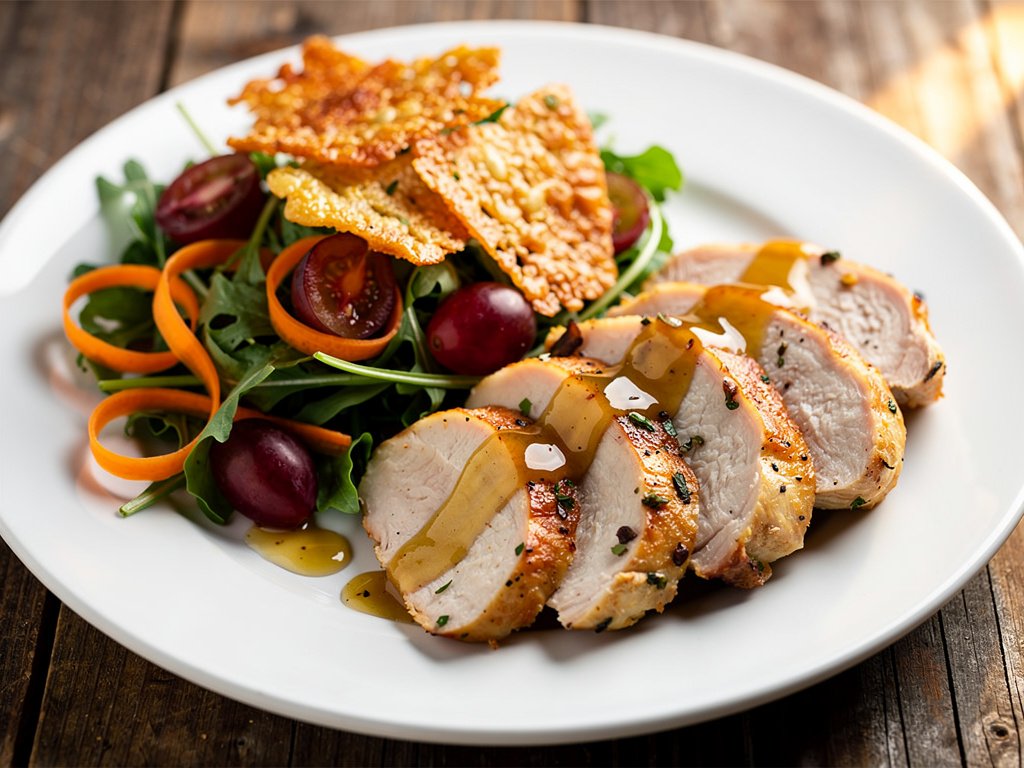 Garlic Herb Chicken with Grape Frico Salad and Honey Dijon Shallot Dressing