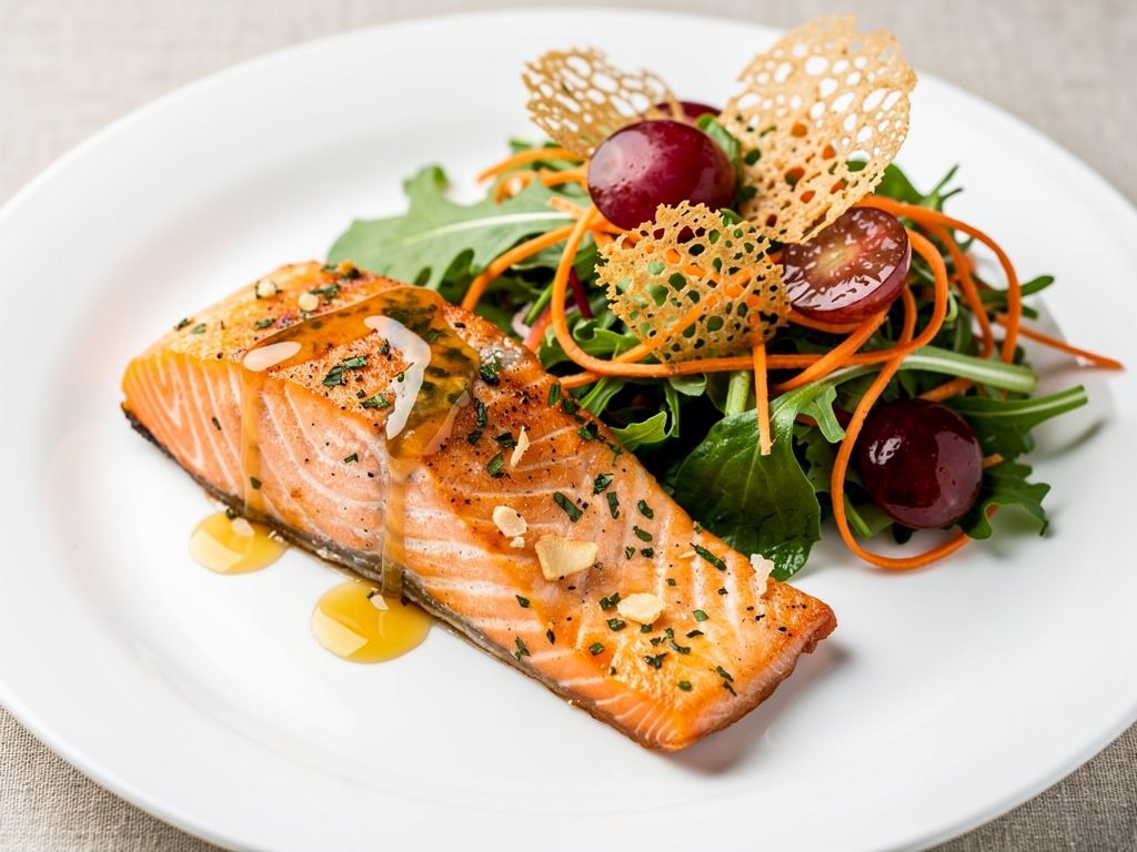 Garlic Herb Salmon with Grape Frico Salad and Honey Dijon Dressing