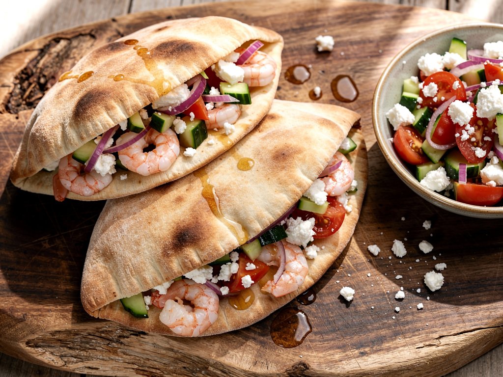 Garlic Shrimp Pita Pockets with Greek Salad and Feta
