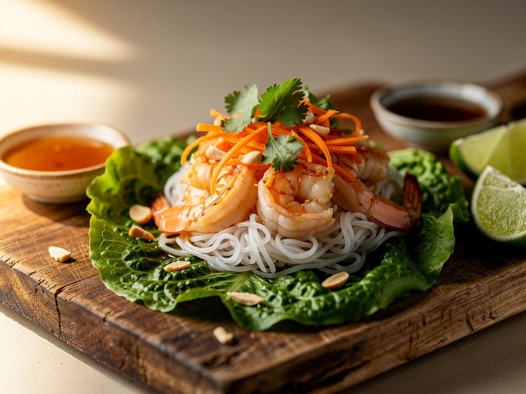 Garlicky Shrimp Lettuce Wraps with Rice Noodles and Pickled Carrots