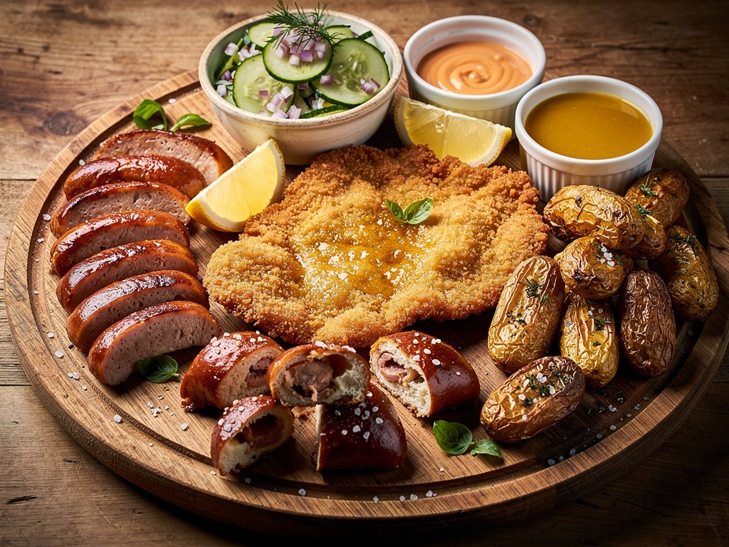 German Feast: Crispy Chicken Schnitzel, Bratwurst & Pretzel Bites with Cucumber Salad