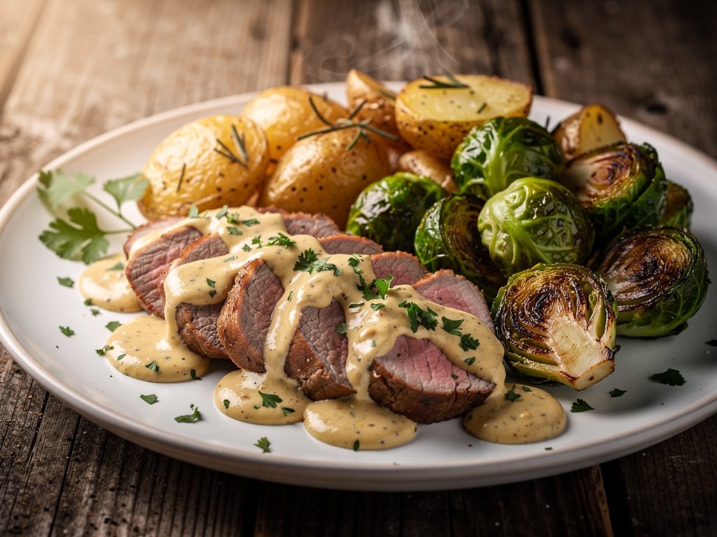 German Pork Tenderloin with Creamy Dijon Sauce and Rosemary Potatoes