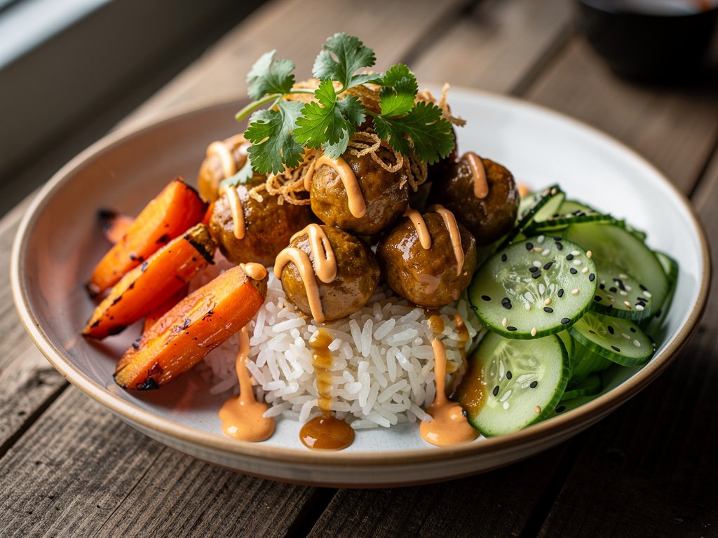 Ginger Beef Meatball Bowl with Ponzu Cucumber Salad and Sriracha Mayo