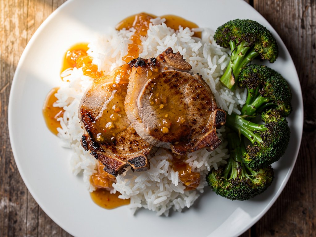 Ginger Glazed Pork Chops with Buttery Rice and Roasted Broccoli