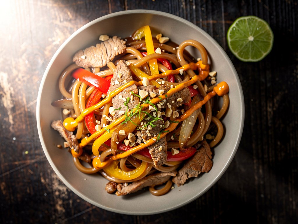 Ginger Soy Pork Udon Noodles with Sweet Chili and Spicy Mayo