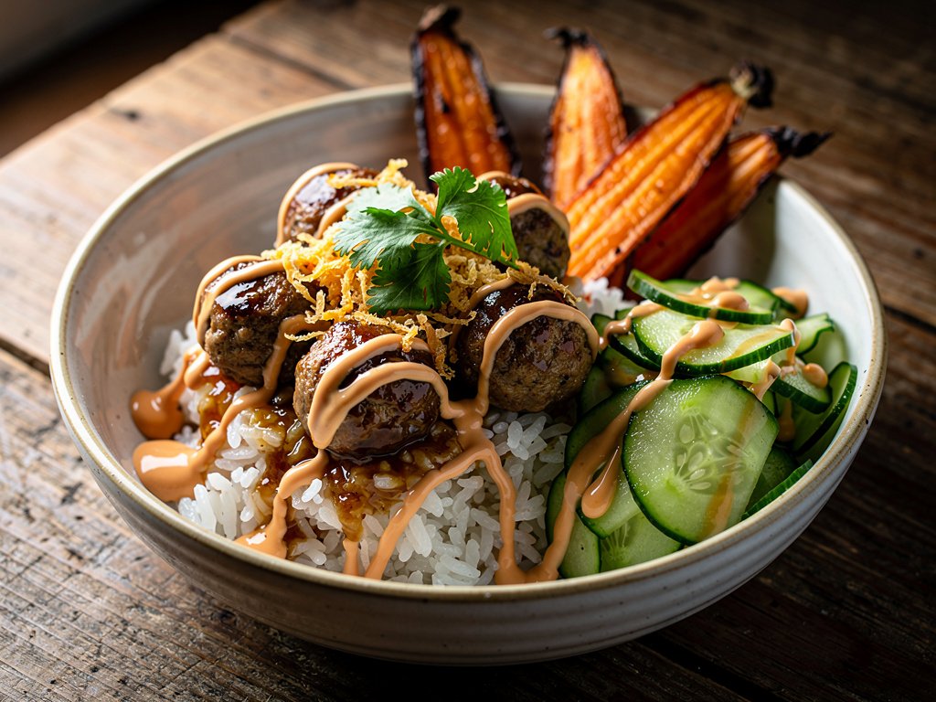 Gingery Beef Meatball Bowl with Ponzu and Sriracha Mayo