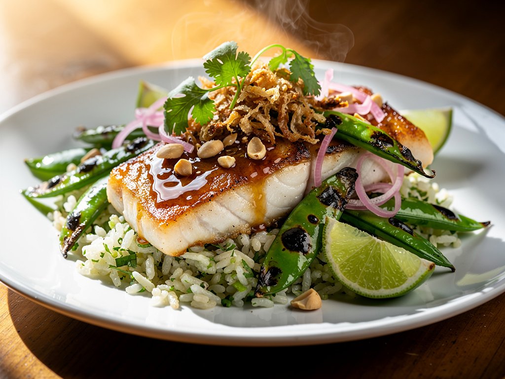 Glazed Chilean Sea Bass with Cilantro-Lime Rice and Charred Snap Peas