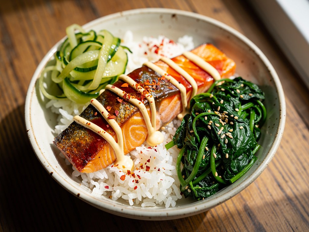 Gochujang Glazed Salmon Bowl with Sesame Spinach and Pickled Cucumber