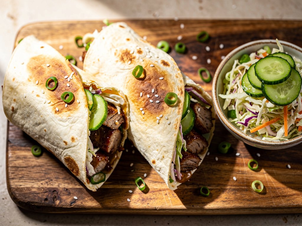 Gochujang Pork Wraps with Pickled Cucumber and Creamy Sesame Slaw