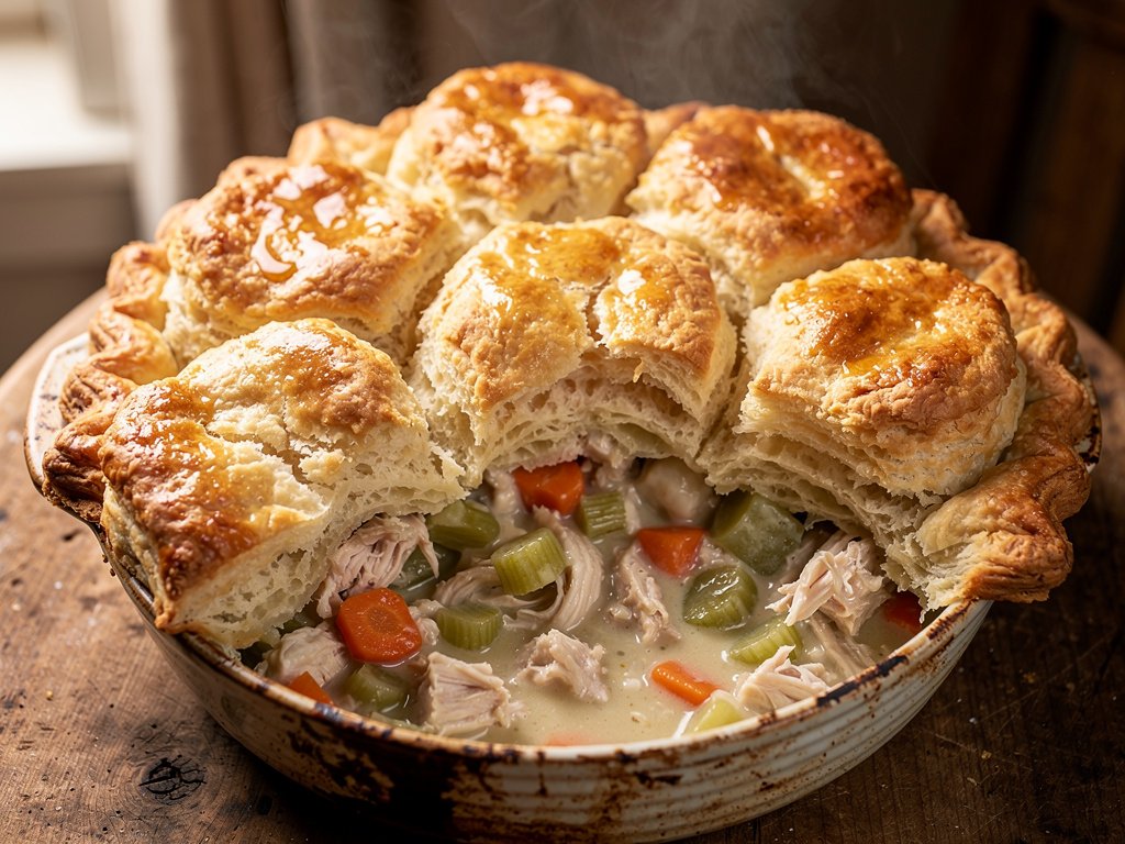 Golden Chicken Pot Pie with Fluffy Biscuit Topping
