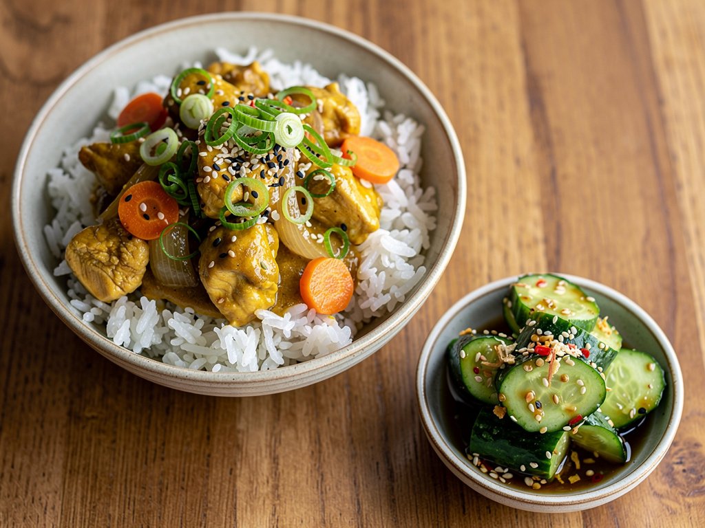 Golden Curry Chicken with Sushi Rice and Miso-Ginger Cucumber Salad