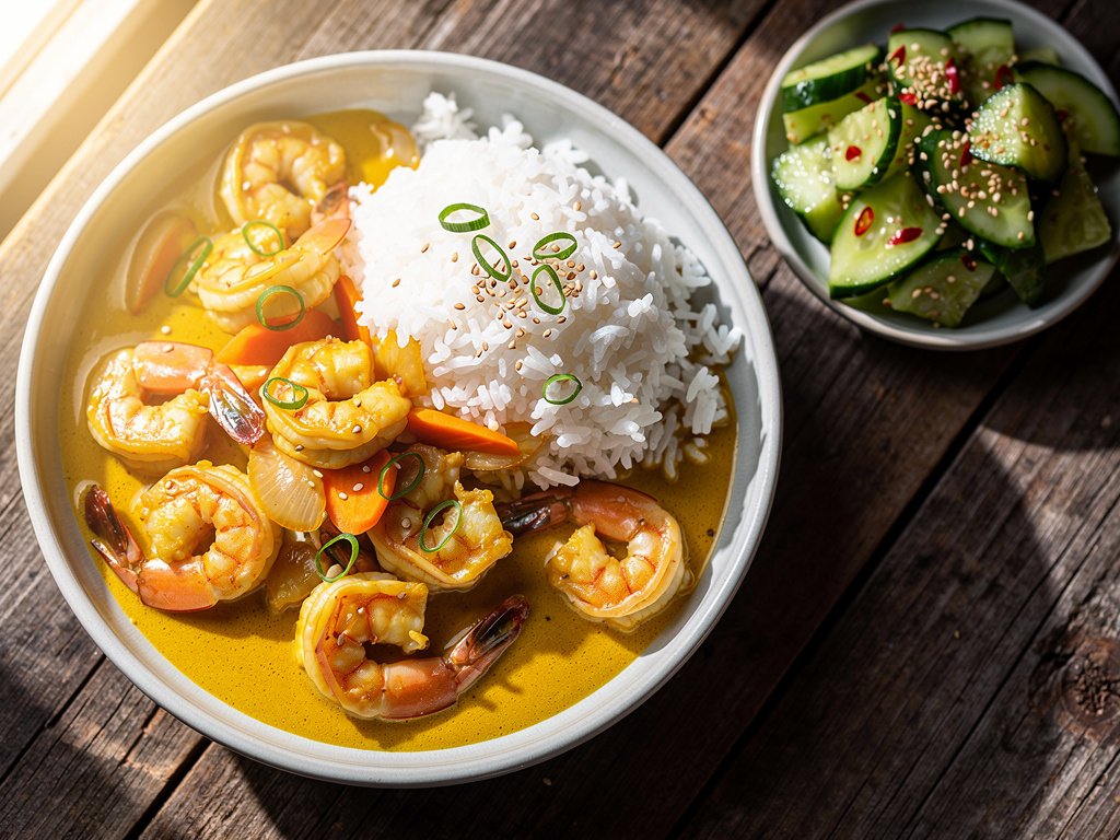 Golden Curry Shrimp with Miso-Ginger Cucumber Salad
