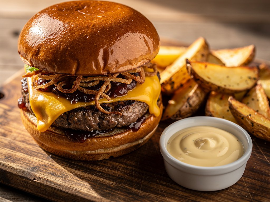 Gouda Bacon Jam Burgers with Crispy Onions and Potato Wedges