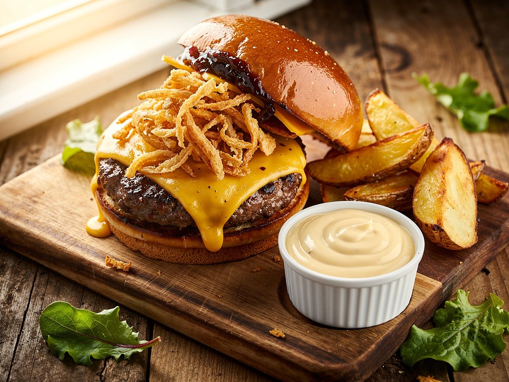 Gouda Bacon Jam Burgers with Crispy Onions and Potato Wedges