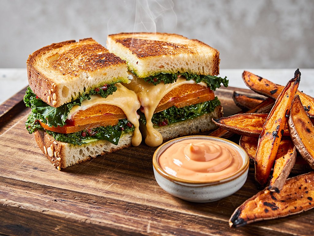 Gourmet Grilled Cheese with Pesto Kale, Blood Orange, and Roasted Sweet Potato Wedges
