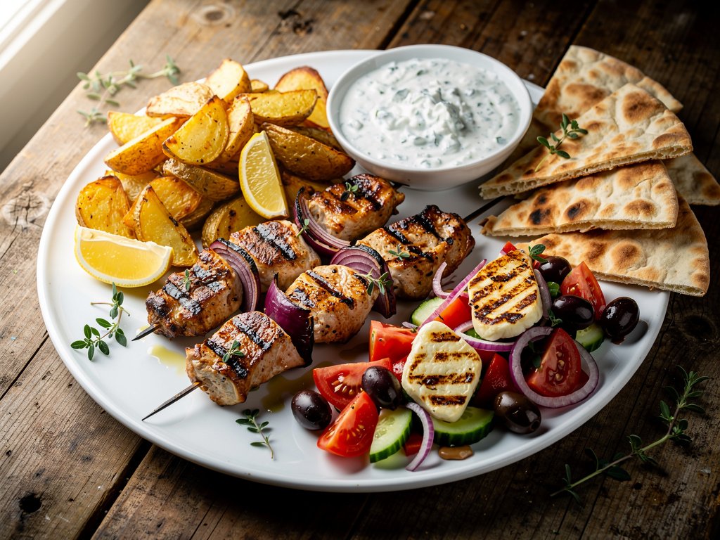 Greek Chicken Souvlaki Skewers with Roasted Potatoes and Tzatziki