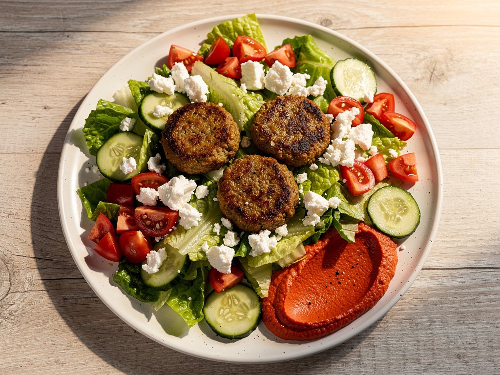 Greek Salad with Spiced Beef Patties and Red Pepper Hummus