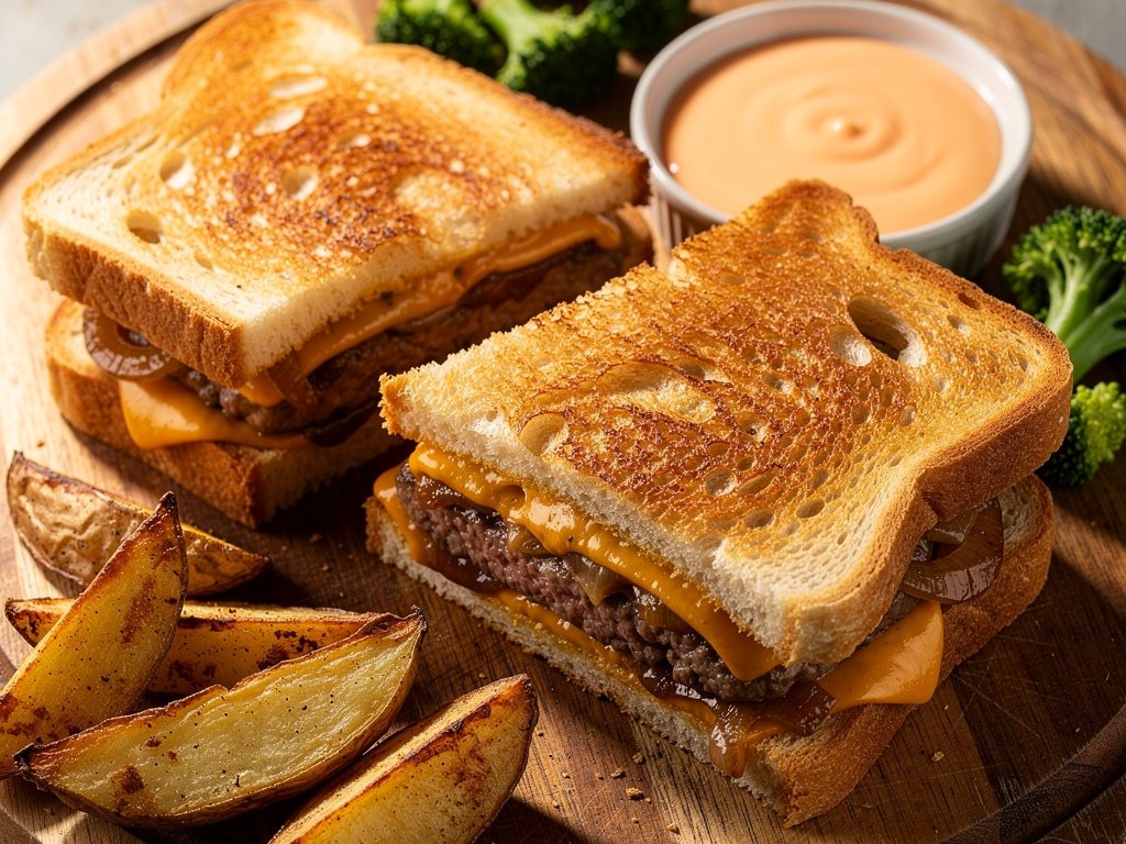 Griddled Sourdough Beef and Cheddar Melts with Caramelized Onions and Roasted Broccoli