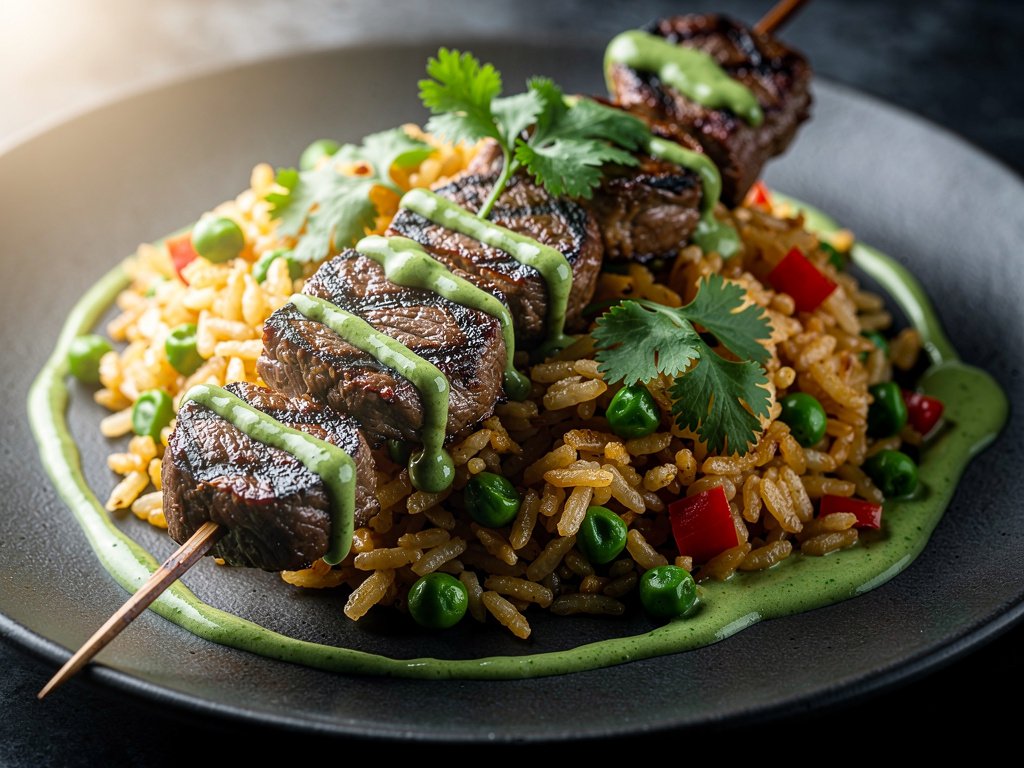 Grilled Bavette Steak Skewers with Chaufa Rice and Creamy Chimichurri