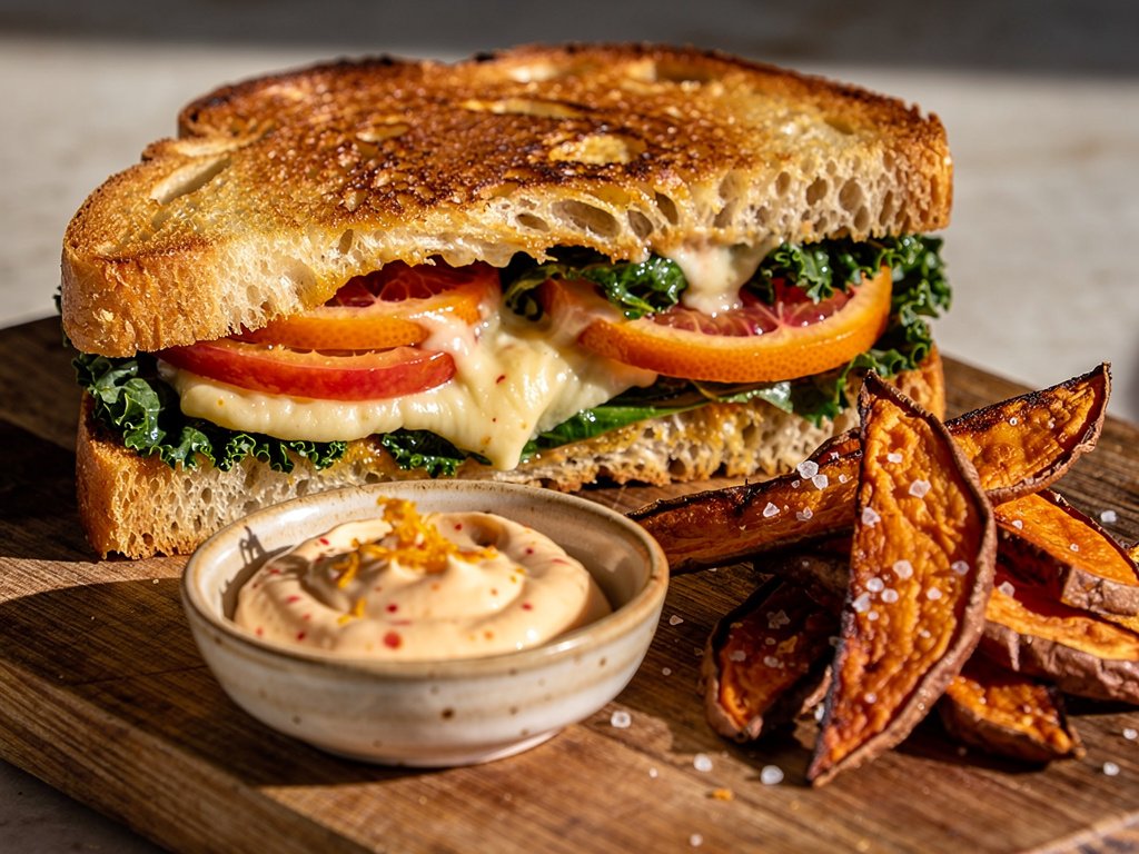 Grilled Cheese with Chicken, Pesto Kale, and Blood Orange
