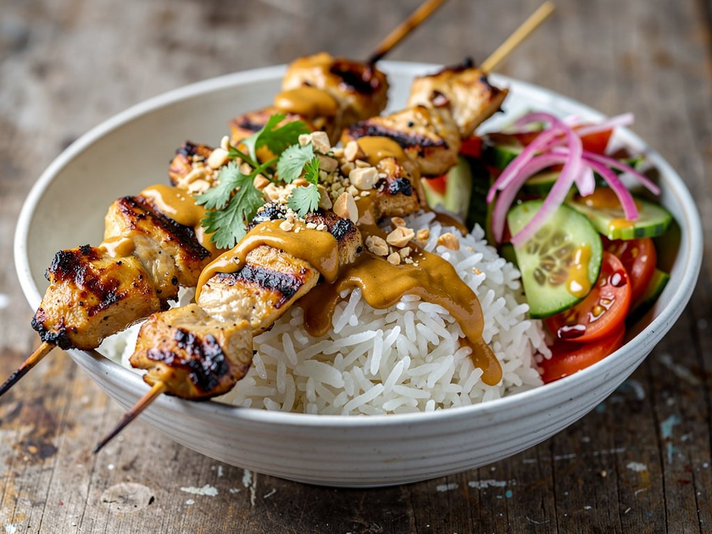 Grilled Chicken Satay Bowls with Spicy Peanut Sauce and Quick-Pickled Cucumber Salad