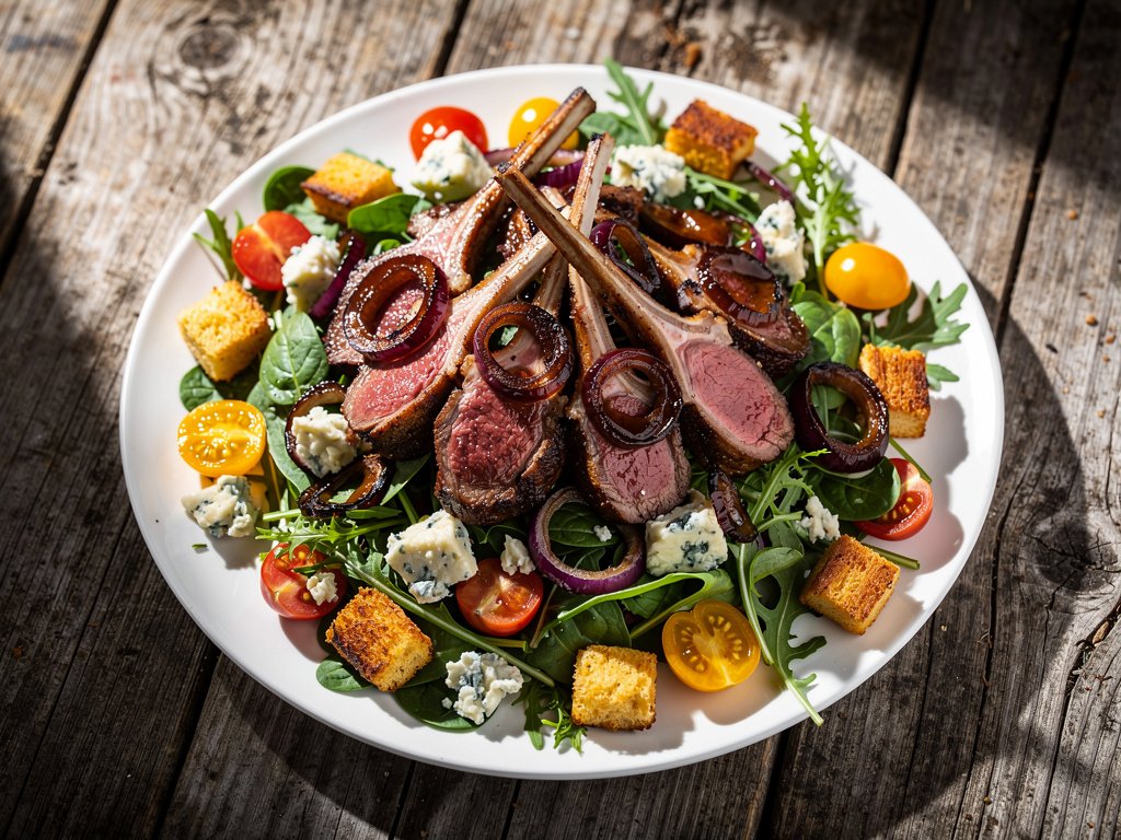 Grilled Lamb Chop Salad with Blue Cheese, Heirloom Tomatoes & Honey Balsamic Dressing