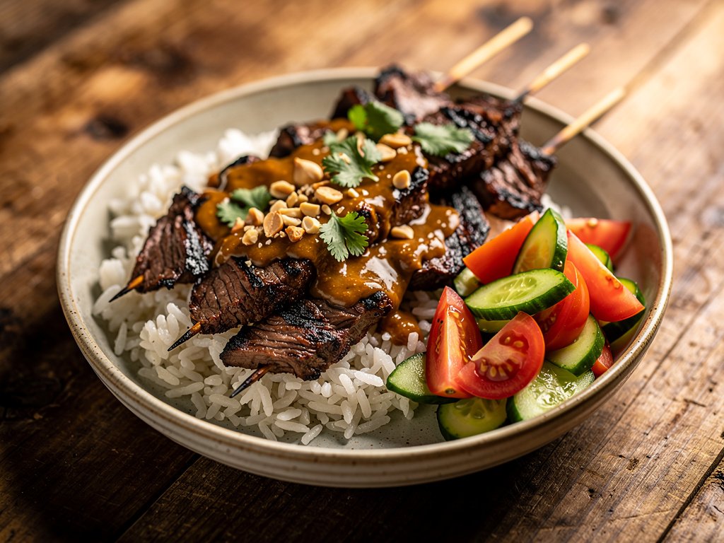 Grilled Peanut Bavette Steak Satay Bowls with Jasmine Rice and Cucumber Tomato Salad