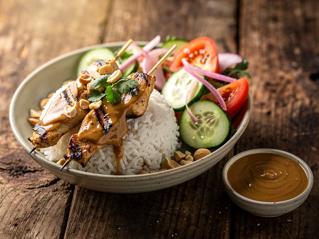 Grilled Peanut Chicken Satay Bowls with Jasmine Rice and Quick-Pickled Salad