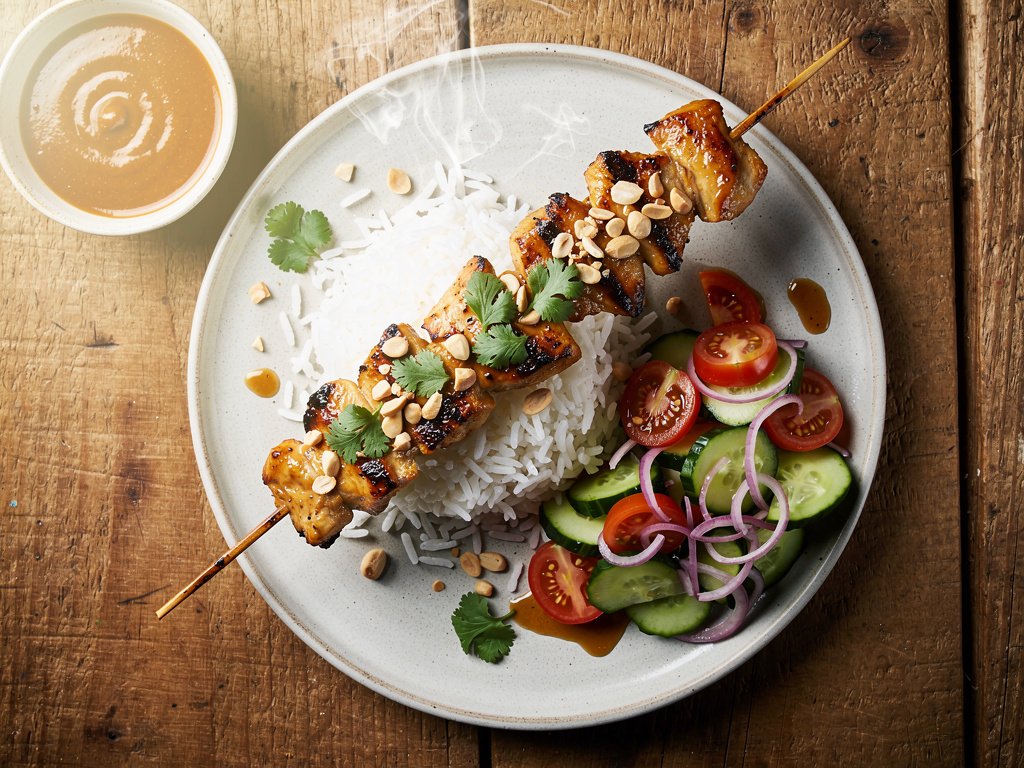 Grilled Peanut Chicken Skewers with Jasmine Rice and Cucumber Tomato Salad