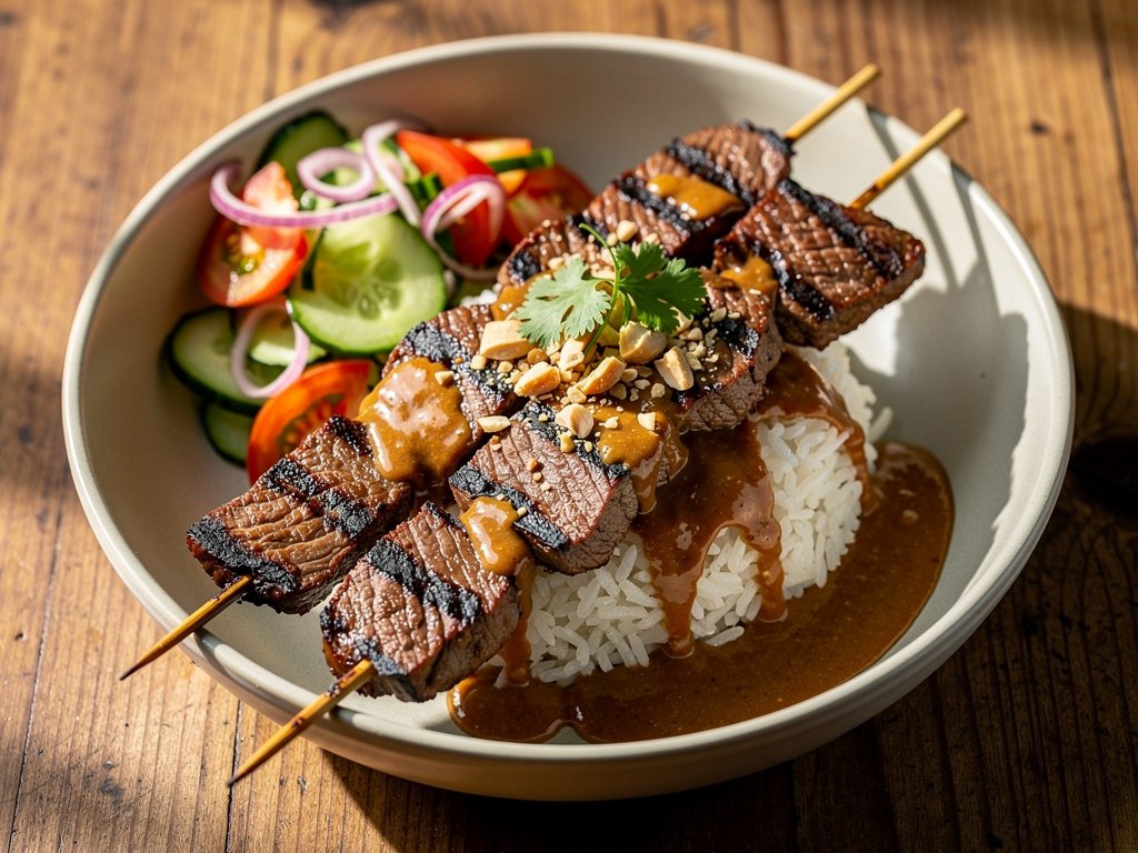 Grilled Peanut Sirloin Steak Satay Bowls with Jasmine Rice and Cucumber Tomato Salad