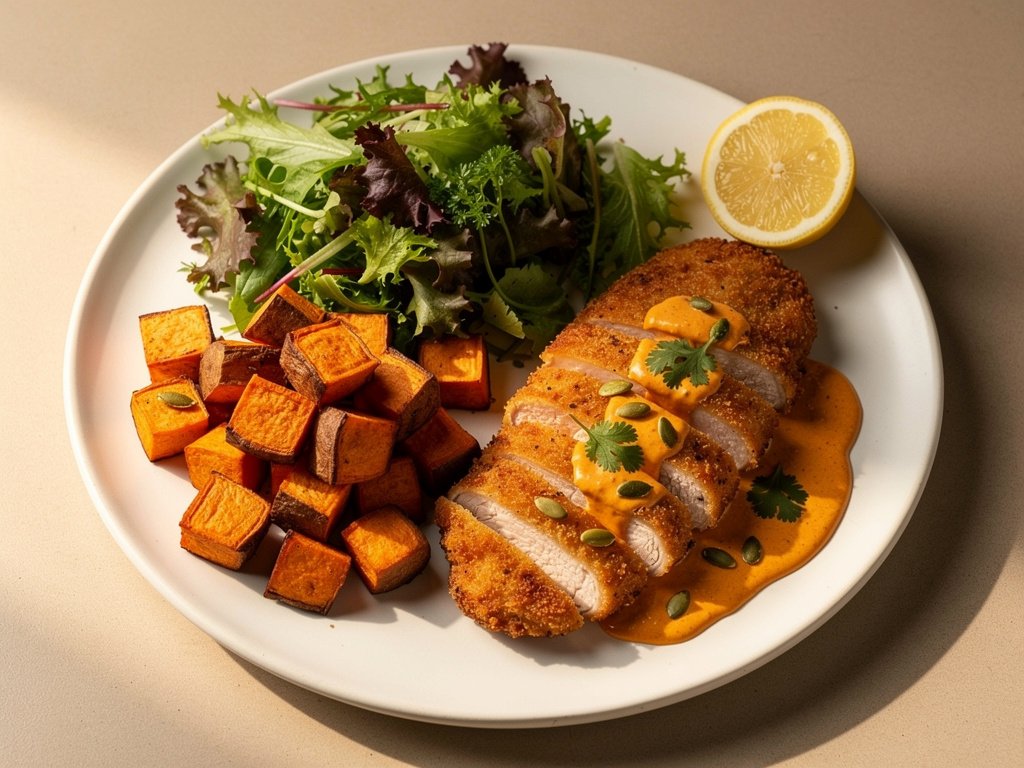 Harissa-Rubbed Chicken with Sweet Potato Salad and Crunchy Pepita Crust