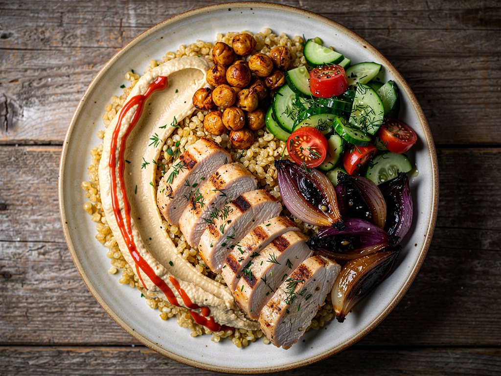 Harissa Spiced Chicken and Chickpea Bulgur Bowls with Cucumber Tomato Salad