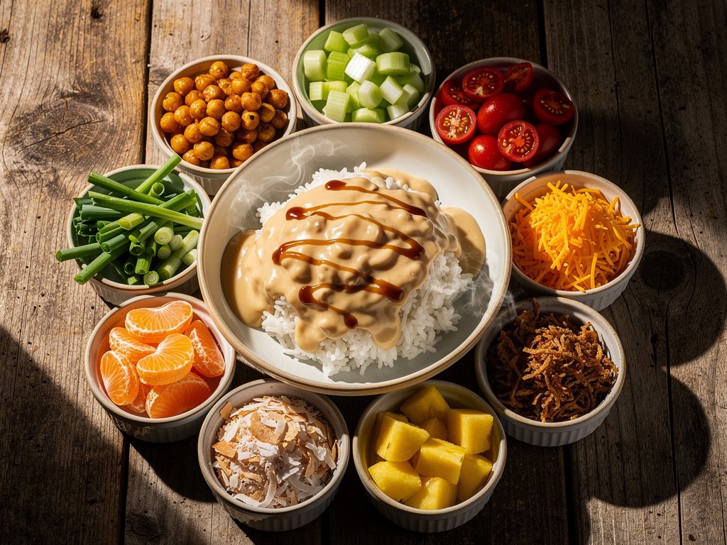 Build-Your-Own Hawaiian Haystack Bowl with Crispy Chickpeas and Sweet Soy Glaze
