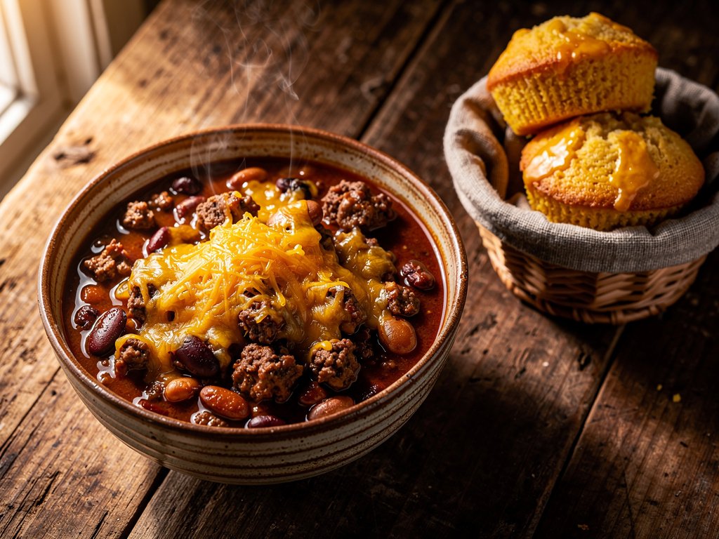 Hearty Beef and Black Bean Chili with Cheesy Cornbread Muffins