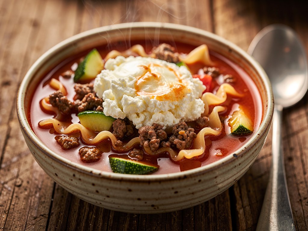 Hearty Beefy Lasagna Soup with Ricotta and Mozzarella