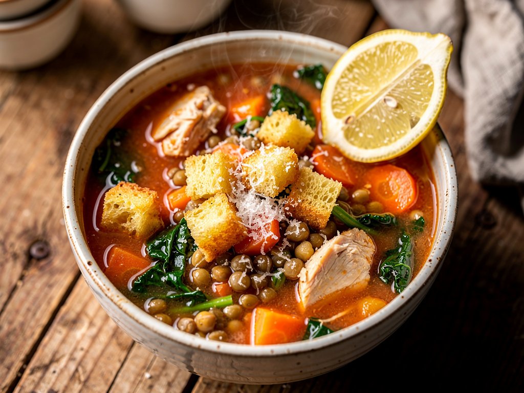 Hearty Italian Chicken, Lentil, and Kale Soup with Croutons