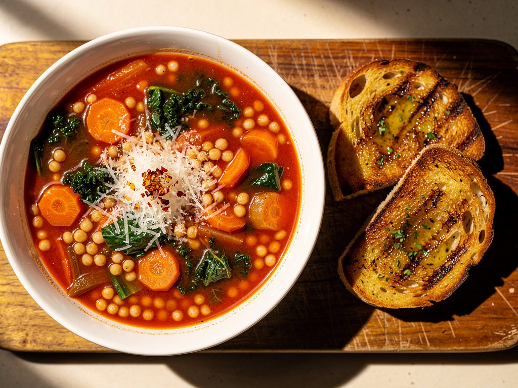 Hearty Italian Vegetable Soup with Israeli Couscous and Garlic Bread