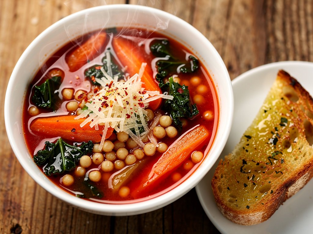 Hearty Italian Vegetable Soup with Israeli Couscous and Garlic Bread