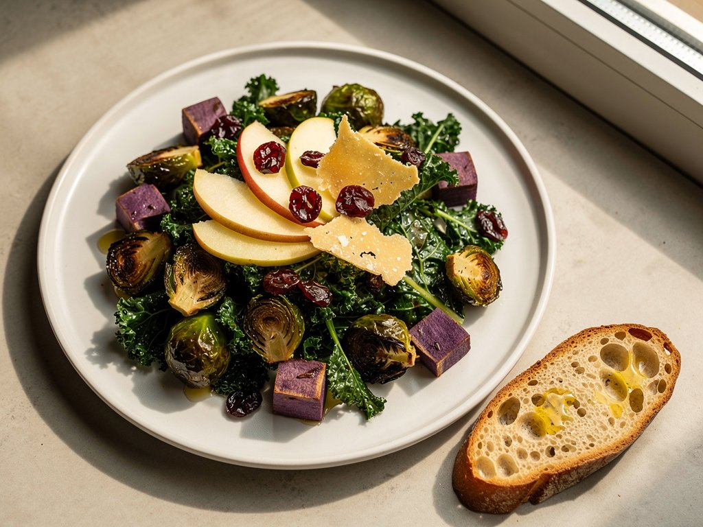 Hearty Kale Salad with Roasted Veggies, Chicken, and Crispy Parmesan Frico
