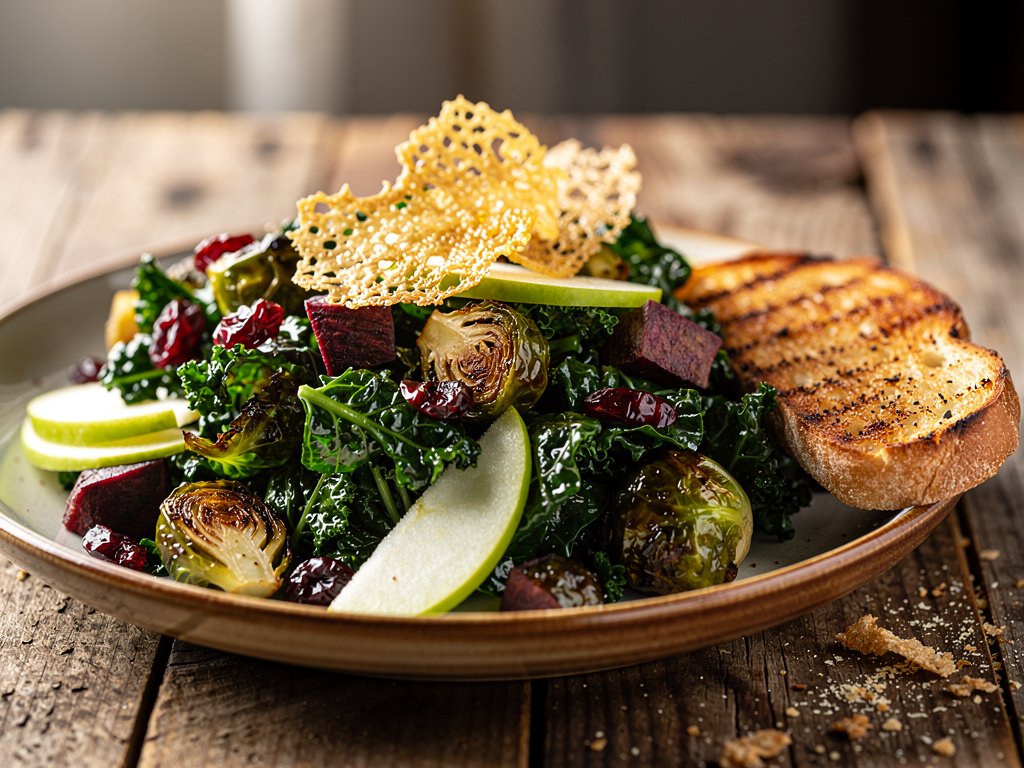 Hearty Kale Salad with Roasted Veggies, Parmesan Frico, and Garlic Ciabatta