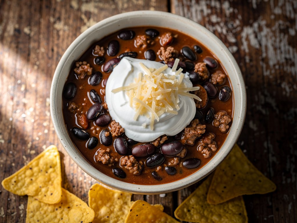 Hearty One-Pot Pork and Black Bean Chili with Sour Cream and Monterey Jack