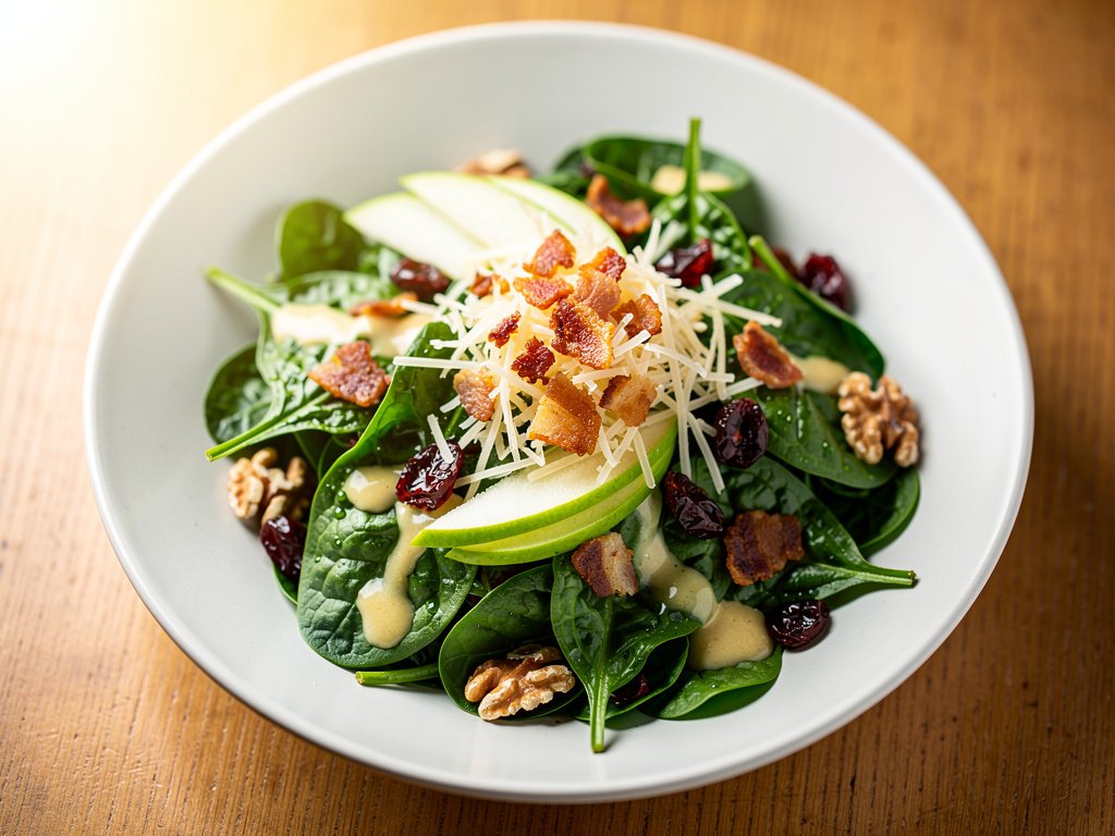 Hearty Spinach Salad with Bacon, Apple, Cheddar, and Honey Dijon Dressing