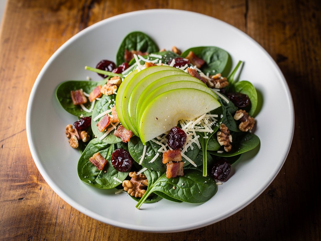 Hearty Spinach Salad with Bacon, Apple, Cheddar, and Honey Dijon Dressing