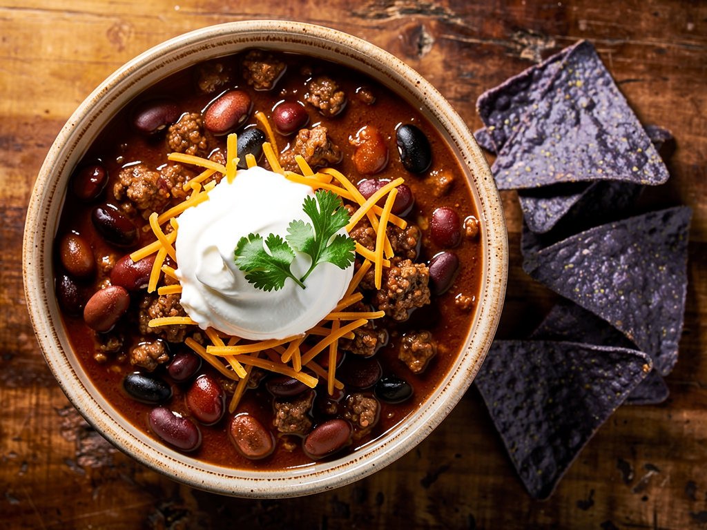 Hearty Three-Bean Beef Chili with Cheddar, Sour Cream, and Blue Corn Chips