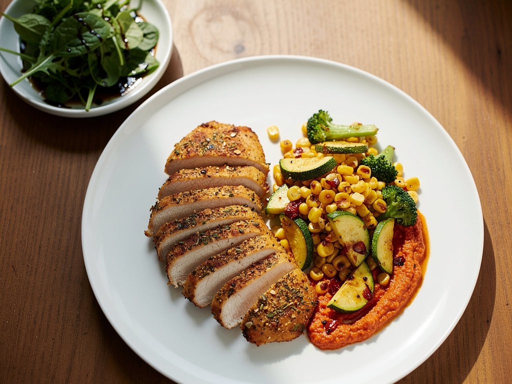 Herb-Seasoned Chicken Cutlets with Smoky Romesco Vegetables and Balsamic Salad