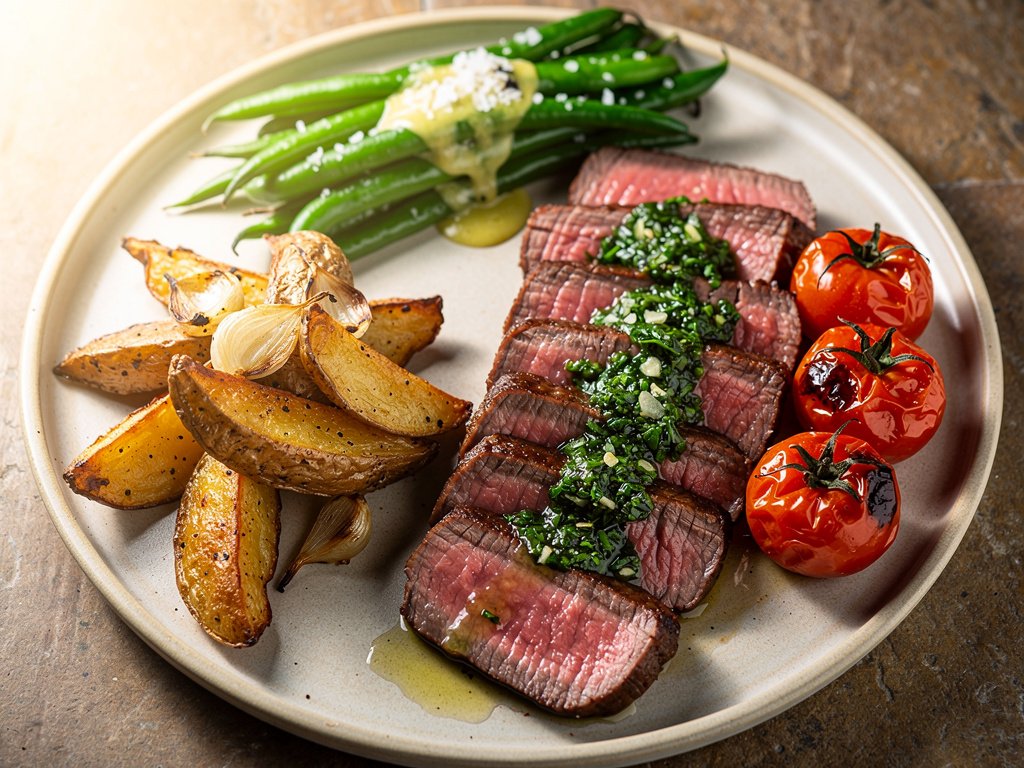 Herb-Crusted Sirloin Steak with Chimichurri Tomatoes and Roasted Potatoes