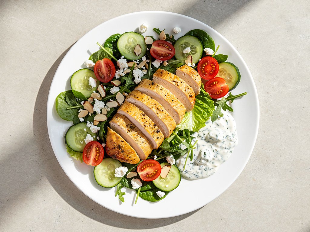 Herbed Chicken Cutlets with Greek Salad and Yogurt Dill Dressing