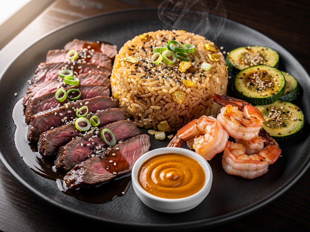Hibachi Surf and Turf with Sweet Soy Glaze and Spicy Sauce